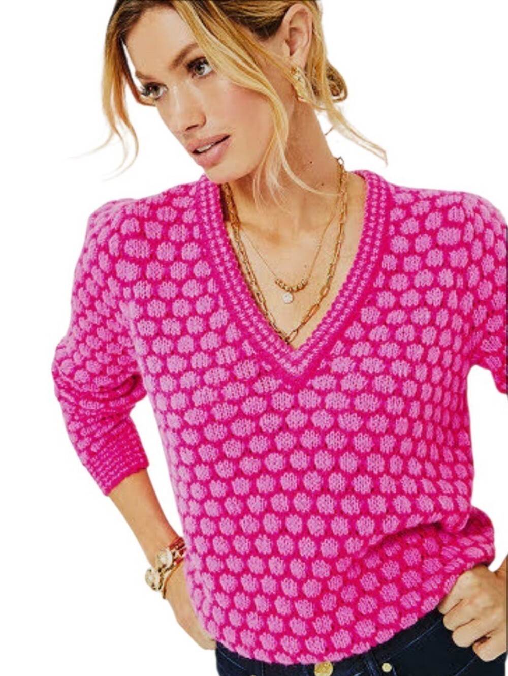 Lilly Pulitzer Sweater Honeycomb Brista Bright Pink V-Neck Women’s Medium Knit